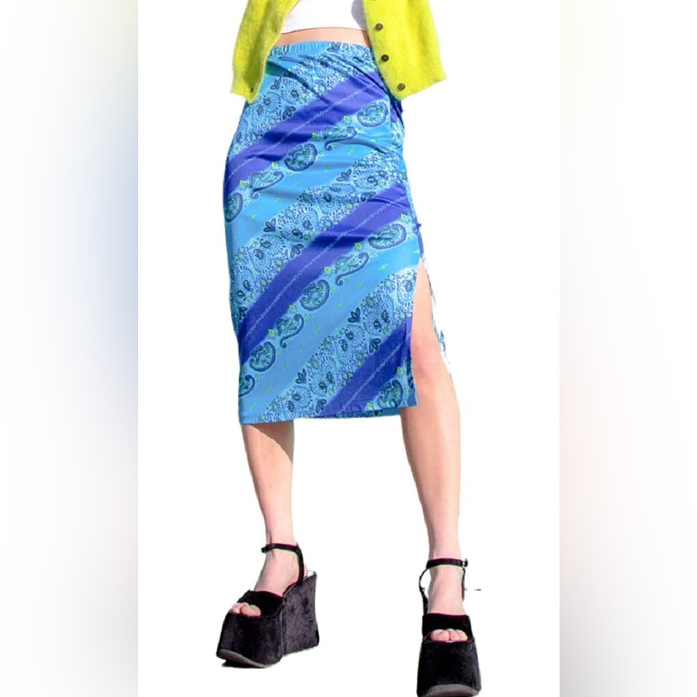 Bloggers XS Blue Paisley Striped Retro Boho y2k Midi Skirt w Slit NWT 90s Style